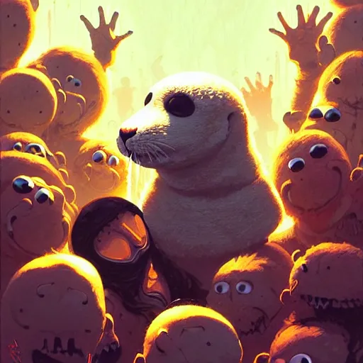 Image similar to highly detailed metal album cover featuring a white baby seal muppet in a mosh pit by atey ghailan, by greg rutkowski, by greg tocchini, by james gilleard, by joe fenton, by kaethe butcher
