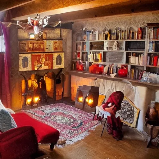 Image similar to A photograph of the Gryffindor common room, cozy arm chairs, a fire burning in the hearth, high ceilings, lit by many candles, light rays, magic aura, bloom, mysterious