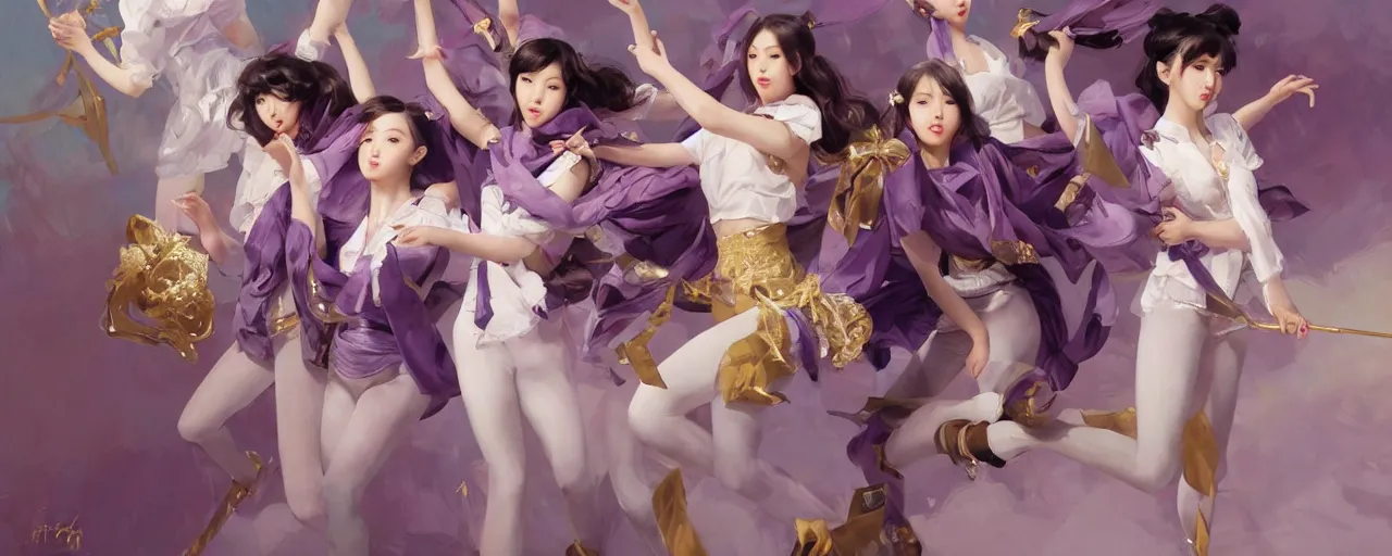 Image similar to Full View of Eunha and other girls from Viviz and gFriend wearing a purple military uniform and short puffy pants, white leggings, Golden Ribbon, and a billowy scarf. Rhythmic gymnastics poses. masterpiece 4k digital illustration by Ruan Jia and Mandy Jurgens and Artgerm and greg rutkowski, award winning, Artstation, art nouveau aesthetic, Alphonse Mucha background, intricate details, realistic, panoramic view, Hyperdetailed, 8k resolution, intricate art nouveau