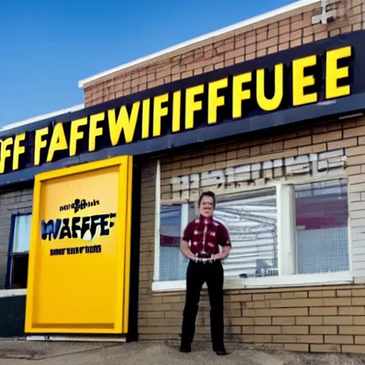 Image similar to wafflehouse employee's standing below wafflehouse sign