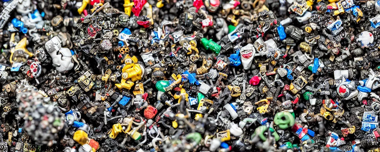 Prompt: a close up of a piece of plastiglomerate made from warhammer figures and vapes, photographic, highly detailed