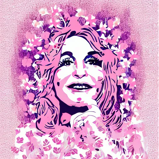 Prompt: flower child, Dolly Parton, graphic design, pink tones