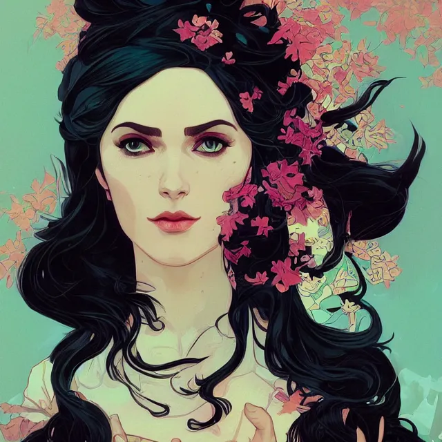 Prompt: a beautiful vector painting of yennefer of vengerberg by sachin teng and pascal blanche and alphonse mucha and nekro and josan gonzalez. film noirs, brush stroke, vibrating colors, hyper detailed. octane render. trending on artstation