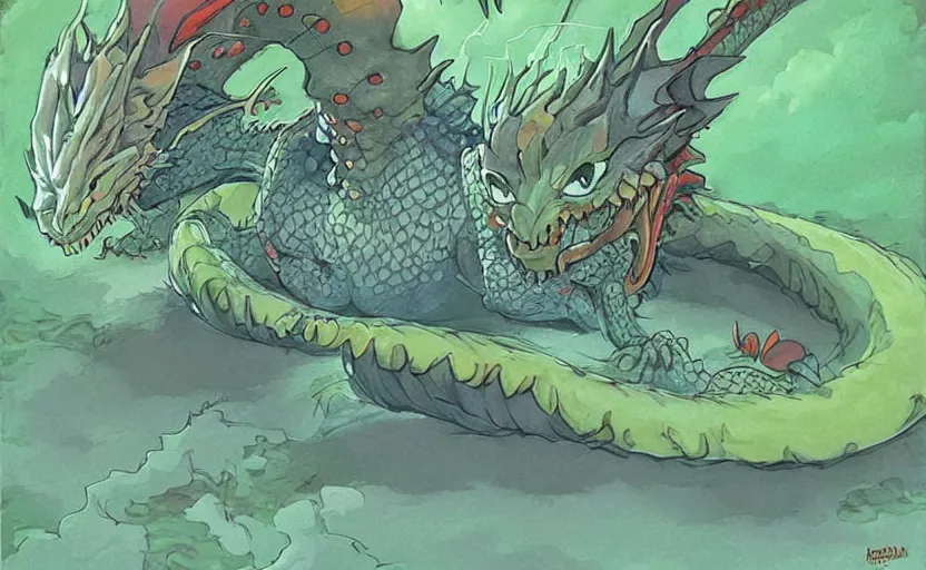 Image similar to the friendly dragon slime awoke from its slumber beneath the bed frame, digital painting masterpiece, haunting beautiful brush strokes, painted by Moebius and Hayao Miyazaki and Akira Toriyama