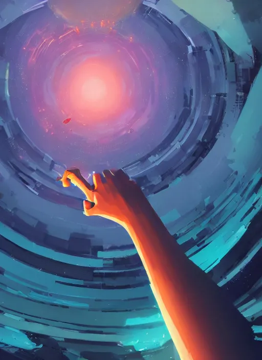 Prompt: zoomed out hand!!! with and eye in the center, floating in a spiraling abyss, scifi, liminal space, painted by pedro correa, cory loftis, james gilleard, atey ghailan, makoto shinkai, goro fujita, studio ghibli