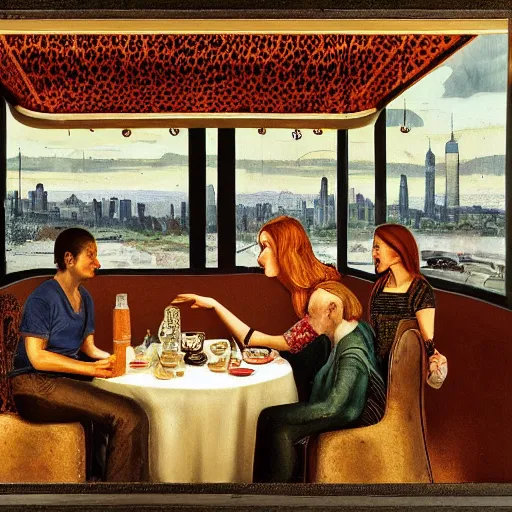 Image similar to The land art shows four people sitting in a diner late at night. The people in the land art look tired and lonely. The land art is set in New York City and shows the city's skyline in the background. cheetah print by Frederick Sandys, by Andreas Franke ghastly