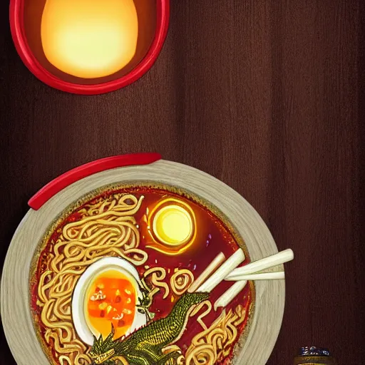 Prompt: dragon eating bowl of ramen in restaurant, traditional restaurant, wooden, candlelit, digital art