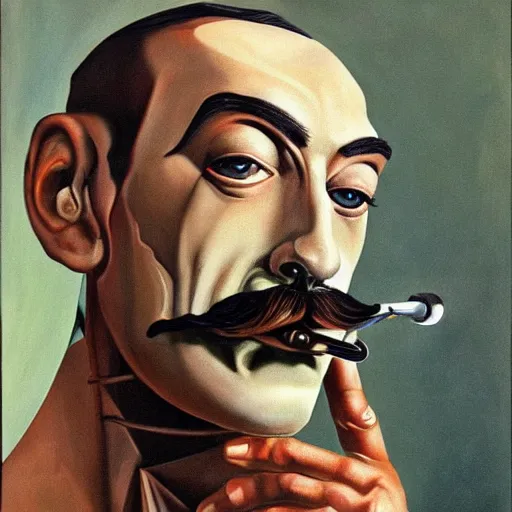 Prompt: half man half robot Salvadore Dali twirling his mustache while painting