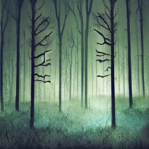 Image similar to forest at night with floating lights surrealist collage