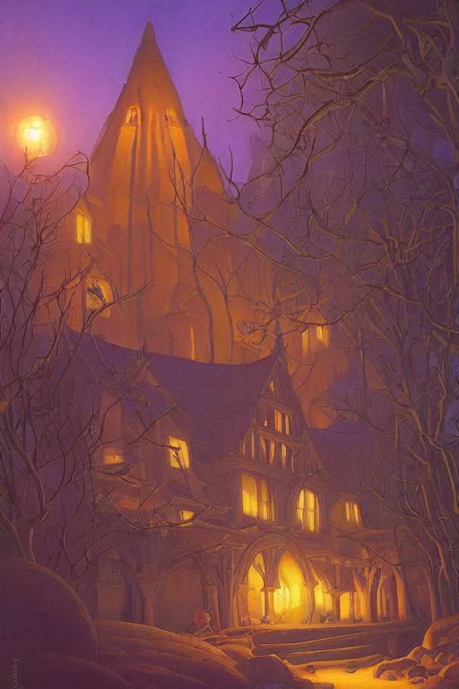 Image similar to witch's workshop lit up at twilight, by Sylvain Sarrailh and Nicholas Roerich and jean delville and Tyler Edlin and William Dyce, dramatic cinematic lighting , beautiful garden, ornate carved architecture, smooth, sharp focus, extremely detailed