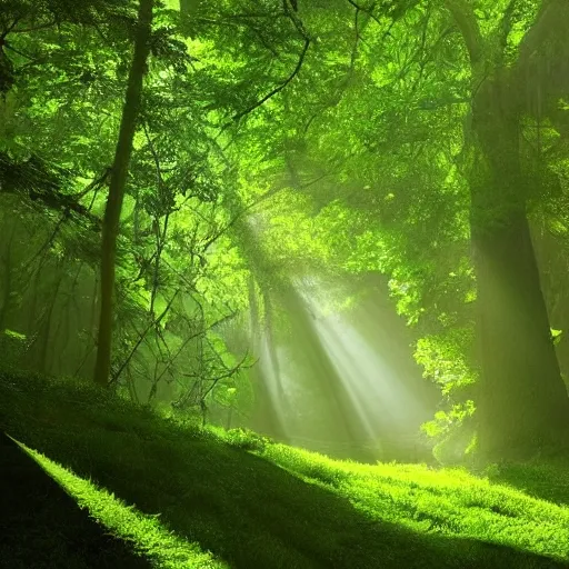 Prompt: A lush green forest in the morning; rays of light coming through the canopy; trending on artstation; extraordinary masterpiece!!!!!!