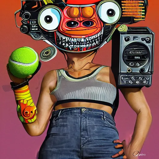 Image similar to a portrait of an anthropomorphic tennis ball monster by sandra chevrier, detailed render, tape deck, boombox, headphones, epic composition, cybernetics, 4 k realistic, cryengine, realistic shaded lighting, sharp focus, masterpiece, by matteo scalera, gary montalbano, peter elson in the style of the tokyo ghost comic