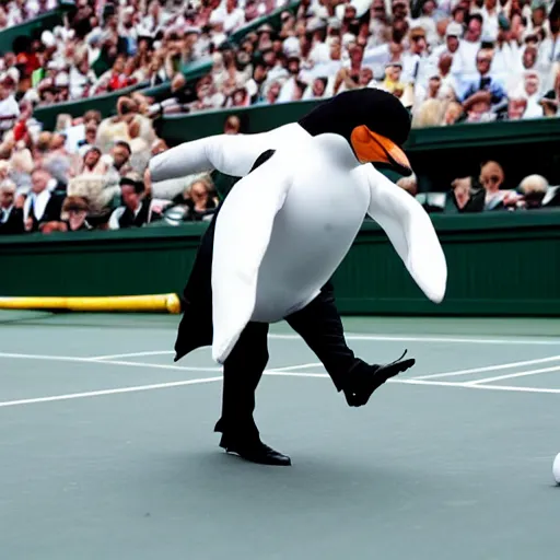 Image similar to a man dressed as a penguin runs on Wimbledon center court during match between Nadal and Tiafoe