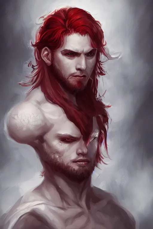 Image similar to A handsome man with a blood red hair, white eyes, fantasy, portrait, sharp focus, intricate, elegant, digital painting, artstation, matte, highly detailed, concept art, illustration, ambient lighting