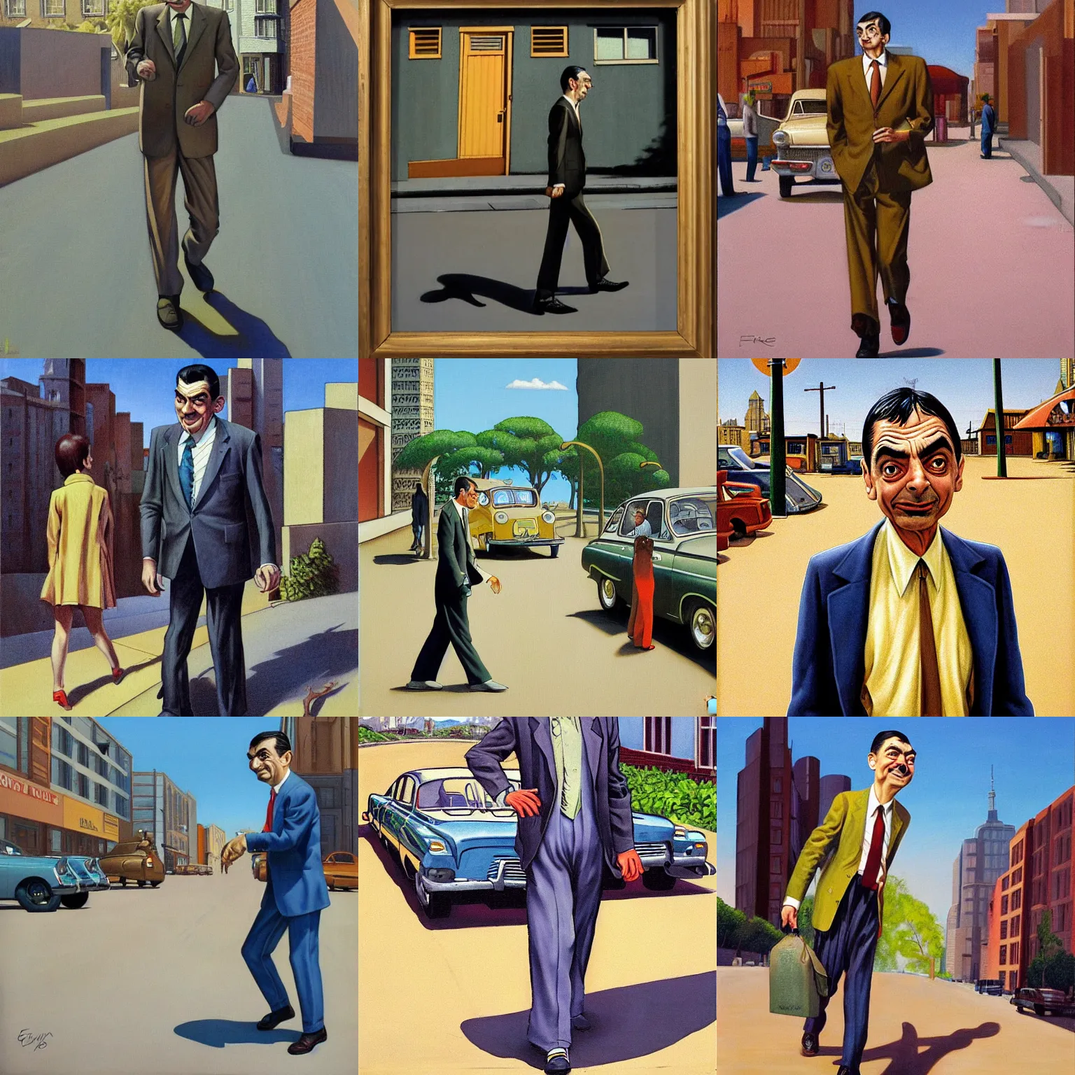 Prompt: mr. bean walks down a street on a sunny day by ernie barnes