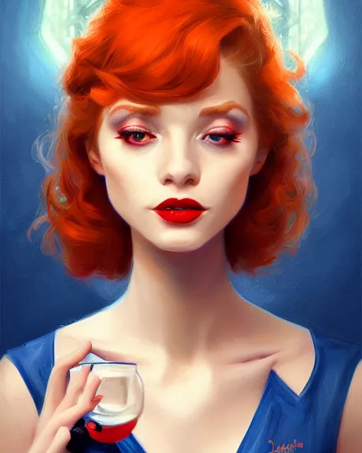 Prompt: cute diner waitress, perfect face, red lipstick, blue dress, ginger hair, cinematic, blush, stunning, symmetrical eyes, highly detailed, psychedelic, digital painting, artstation, smooth, hard focus, illustration, art by jessica rossier and and brian froud