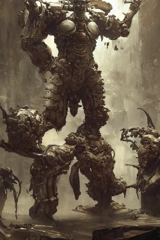 Image similar to scientists in a laboratory observe a martyn ford as a huge bipedal martian wearing armour, painted by ruan jia, raymond swanland, lawrence alma tadema, zdzislaw beksinski, norman rockwell, jack kirby, tom lovell, alex malveda, greg staples