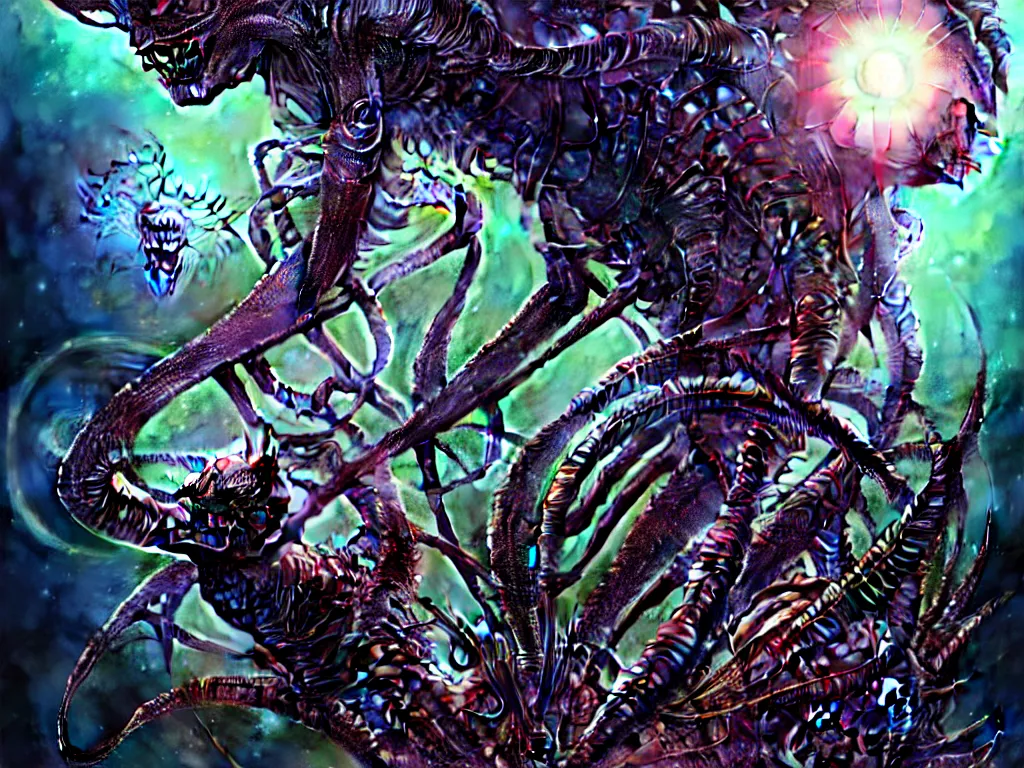 Image similar to highly detailed photo of alien humans, trending on deviantart, neo surrealism, sharp focus, a lot of little details, lens flare, epic render, magical composition, deep color scheme, ornate, intricate, octane, masterpiece, art by ernst haeckel and android jones