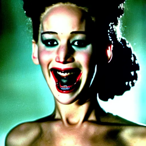 Image similar to jennifer lawrence as the bride of frankenstein, color photography, sharp detail, wicked smile, still from the movie van helsing