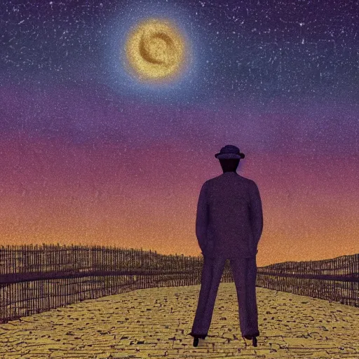 Prompt: dream A portrait of a man, by Karl Wiener, nighttime foreground, (abstract), figurative, ((((unreal engine)))), (pen), ((stars)), (((dark colors))), ((((dirt brick road))))