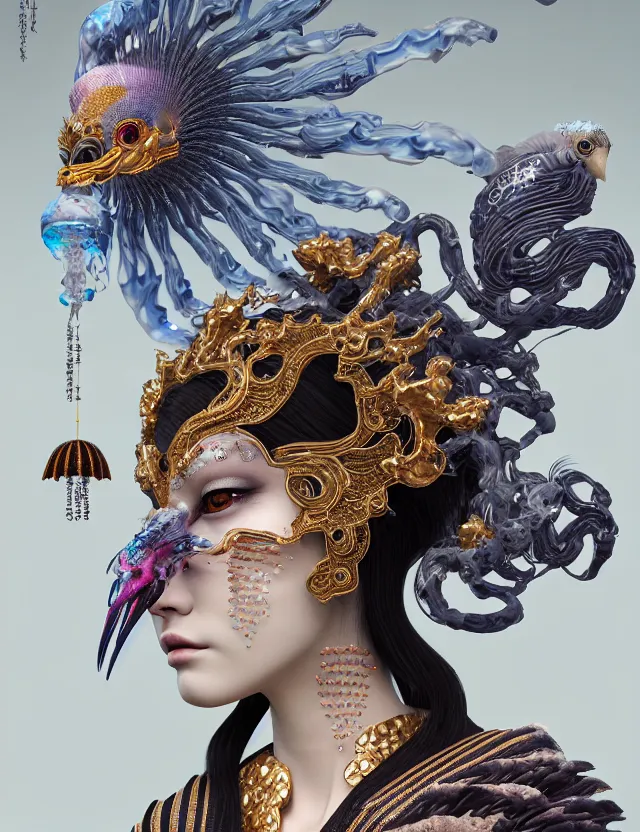 Image similar to 3 d goddess close - up profile portrait with crown, ram skull. beautiful intricately detailed japanese crow kitsune mask and clasical japanese kimono. betta fish, jellyfish phoenix, bio - luminescent, plasma, ice, water, wind, creature, artwork by tooth wu and wlop and beeple and greg rutkowski