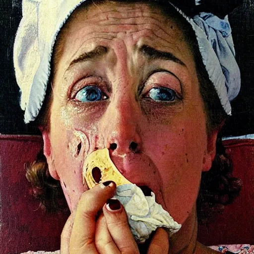 Image similar to portrait of a crying woman giving a blank stare to the viewer. She has an 🍦. A painting by Norman Rockwell