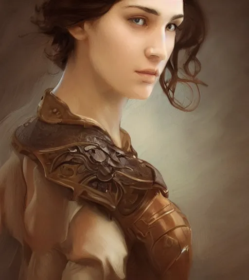 Image similar to portrait of a young woman, regal, soft features, muscular, half body, cloth, hazel eyes, short brown hair, thick eyebrows, back light, d & d, fantasy, intricate, highly detailed, digital painting, artstation, concept art, smooth, sharp focus, illustration, art by artgerm and greg rutkowski and alphonse mucha