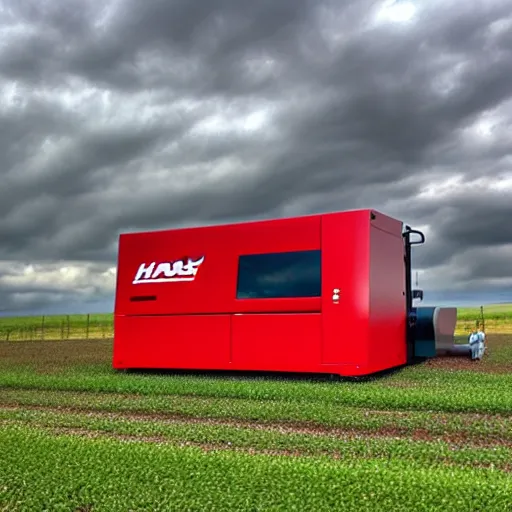 Image similar to cnc lathe from haas stands in a green field, the sky is bright red with clouds