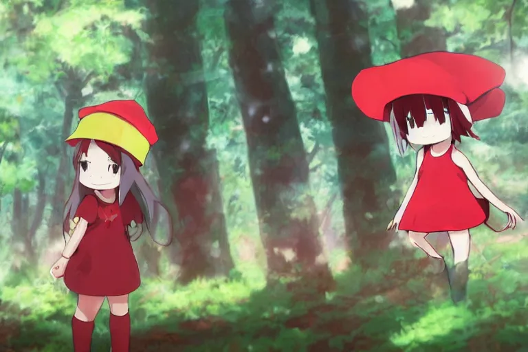 Prompt: concept art ofa little girl in the red hat,forest, happy in anime style