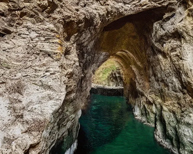 Image similar to very high quality digital art of a natural stone bridge crossing a deep chasm in a cavern