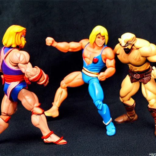 Prompt: he-man action figures fighting,