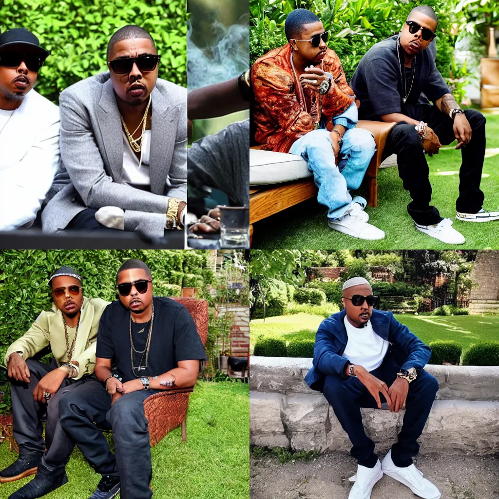 Prompt: Nas sitting next to JayZ in a garden, smoking cigars