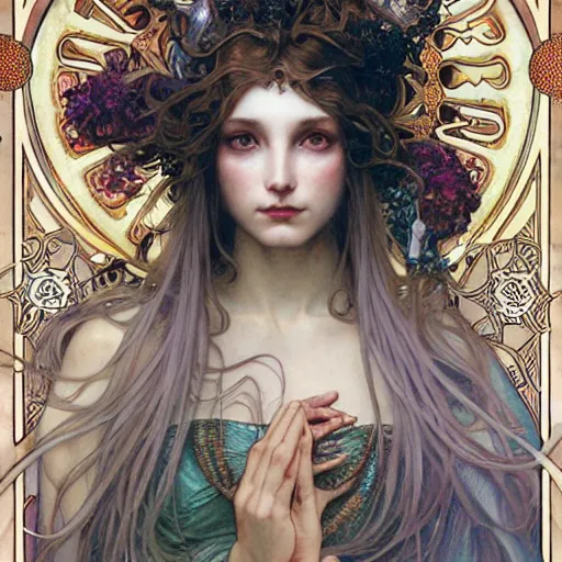 Prompt: realistic detailed face portrait of Surreality Queen of Strangeness by Alphonse Mucha, Ayami Kojima, Amano, Charlie Bowater, Karol Bak, Greg Hildebrandt, Jean Delville, and Mark Brooks, Art Nouveau, Neo-Gothic, gothic, rich deep moody colors