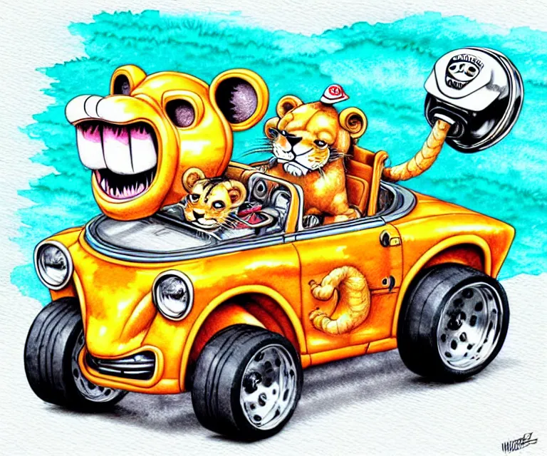 Image similar to cute and funny, lion wearing a helmet riding in a tiny hot rod with oversized engine, ratfink style by ed roth, centered award winning watercolor pen illustration, isometric illustration by chihiro iwasaki, edited by range murata, tiny details by artgerm and watercolor girl, symmetrically isometrically centered, focused