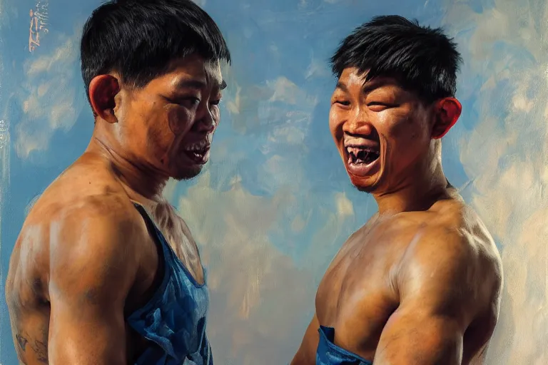 Image similar to greg manchess portrait of a filipino mma fighter uncontrolable laughter, profile picture, organic painting, sunny day, matte painting, bold shapes, hard edges, street art, trending on artstation, by huang guangjian, gil elvgren, ruan jia, randy vargas, greg rutkowski