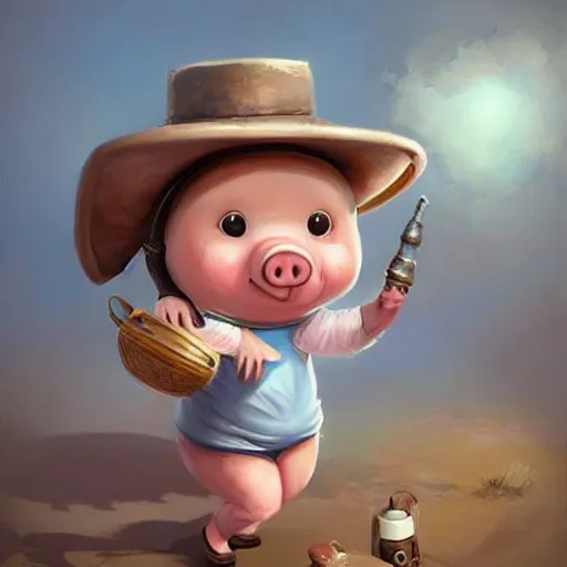 Image similar to cute little anthropomorphic funny female pig wearing shorts, a sunhat, boots and a pale blue shirt!! tiny!! fully clothed!!! small, short, cute and adorable, character art portrait, matte fantasy painting, deviantart artstation, by jason felix by steve argyle by tyler jacobson by peter mohrbacher, cinema