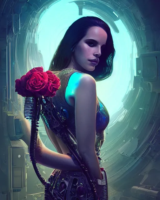 Image similar to portrait of lana del rey as a cyberpunk cyborg. roses, sci - fi, intricate abstract upper body intricate artwork, by tooth wu, wlop, beeple, dan mumford. concept art, octane render, deviantart, greg rutkowski, cinematic arthouse, key art, hyper realism, iridescent accents