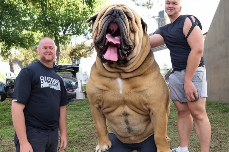 Image similar to a person standing next to a giant bulldog and the bulldog is five times taller then the person