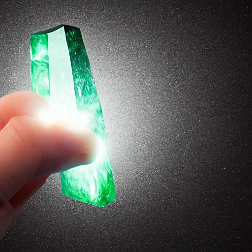 Image similar to a glowing shard of kryptonite held in an open black - gloved hand, pitch black background