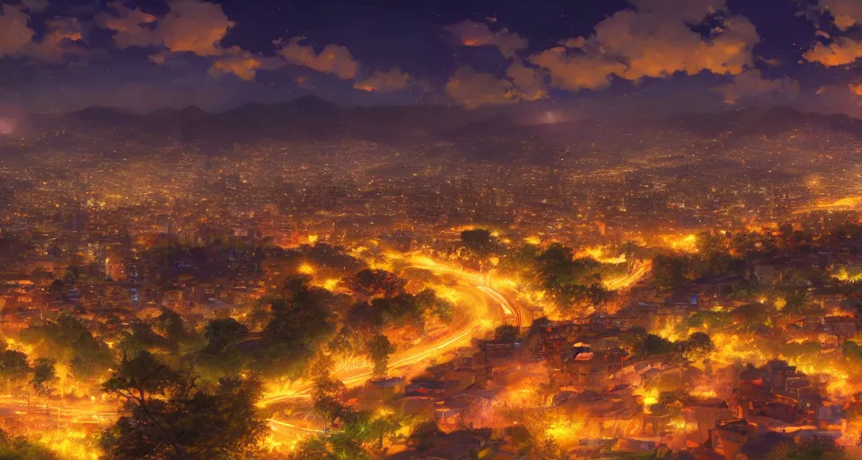 Prompt: City of Armenia Quindio at night, landscape, Artwork by Makoto Shinkai, official media, 8k, wallpaper, high definition, wallpaper, hd, digital artwork