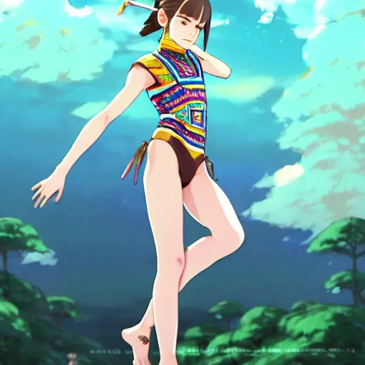 Image similar to a beautiful boyish emma watson alluring instagram model, wearing japanese hiphop aztec leotard outfit with mayan pattern and native style, aztec street fashion bathing suit, botw style, gapmoe yandere grimdark, trending on pixiv fanbox, painted by greg rutkowski makoto shinkai takashi takeuchi studio ghibli, akihiko yoshida