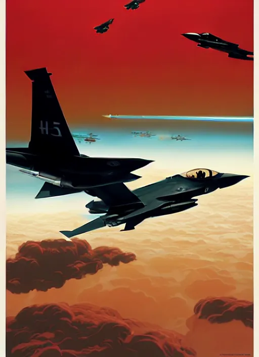 Image similar to poster artwork by michael whelan and tomer hanuka, a portrait, f 3 5 jets dogfighting in the clouds of jupiter, clean