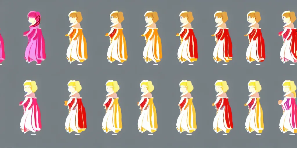 Image similar to walking animation sprite sheet of a girl in a renaissance dress, walking to the right, each sprite is a different frame of the animation