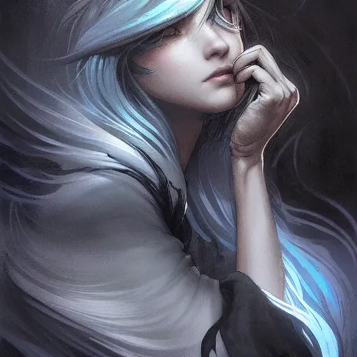 Image similar to Despair is a hue created with swirls of black gouache, hopeless grey, and a daub of cold blue, intricate, highly detailed, digital painting, artstation, concept art, smooth, sharp focus, illustration, Unreal Engine 5, 8K, art by artgerm and greg rutkowski and alphonse mucha, fantasy epic digital art, epic fantasy card game art