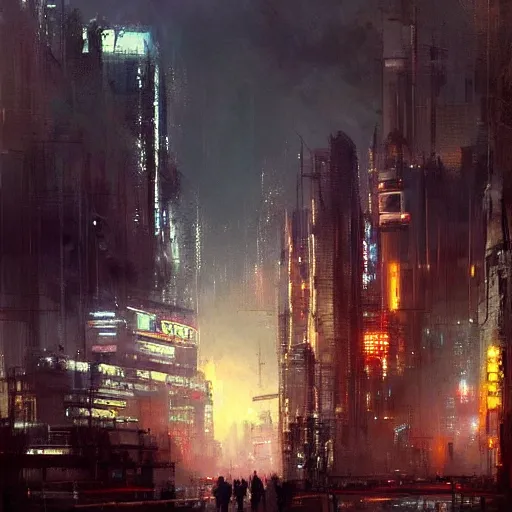 Image similar to beautiful cyberpunk cityscape, sun setting, volumetric clouds, painting by jeremy mann