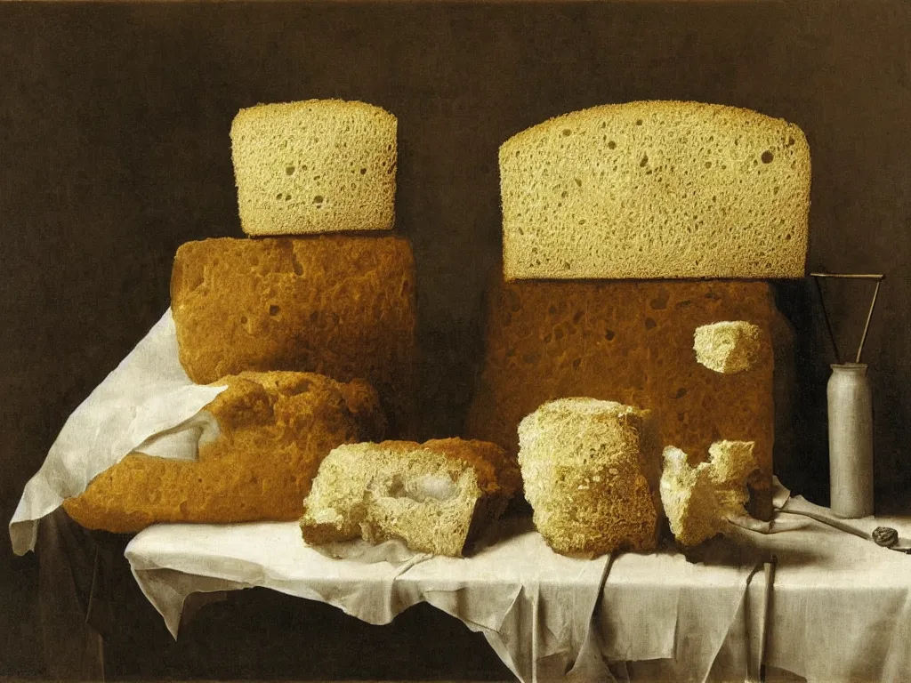 Prompt: still life with fluffy, giant diaphanous sponge - like mold raising out of an old bread. painting by zurbaran, max ernst, agnes pelton, morandi, walton ford