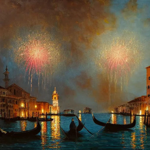 Image similar to an oil painting of couple kissing, in a background fireworks in venice