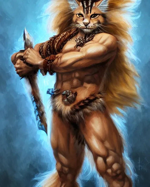 Image similar to portrait of a very cute fursona maine coon barbarian, muscular, wild, d & d, fantasy, intricate, full - length, cinematic lighting, highly detailed, digital painting, artstation, concept art, smooth, sharp focus, illustration, art by hajime sorayama