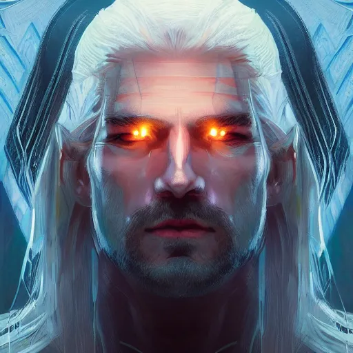 Image similar to symmetry!! portrait of the witcher, thunder, sci - fi, glowing lights!! intricate, elegant, highly detailed, digital painting, artstation, concept art, smooth, sharp focus, illustration, art by artgerm and greg rutkowski and alphonse mucha, 8 k