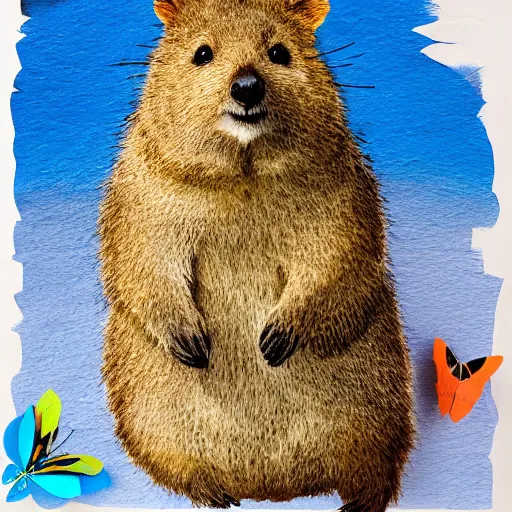 Image similar to detailed illustration, a portrait of a happy quokka on rotttnest island constructed from colored paper, collage, may gibbs, layered composition, layers, texture, textured, layered, sculpted, dynamic, 🦋,